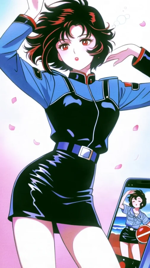Blue Uniformed Girl Dancing Under Pink Petals