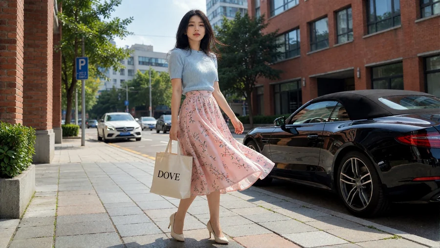 Woman Strolls Past Brick Building With Pink Skirt