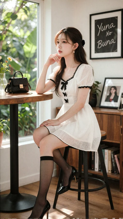White Dress with Black Accents in Sunlit Café