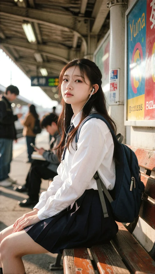 Student Waiting on Platform with Earbuds