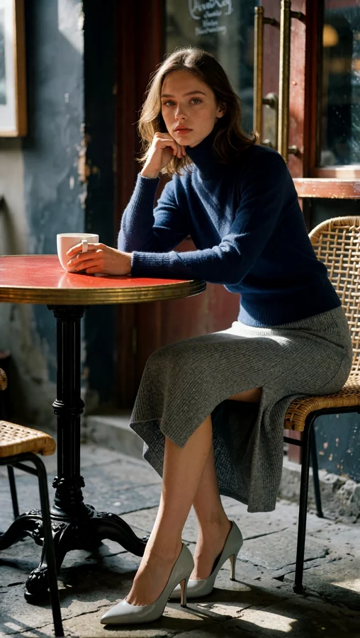 Blue Sweater Gray Skirt Café Seat