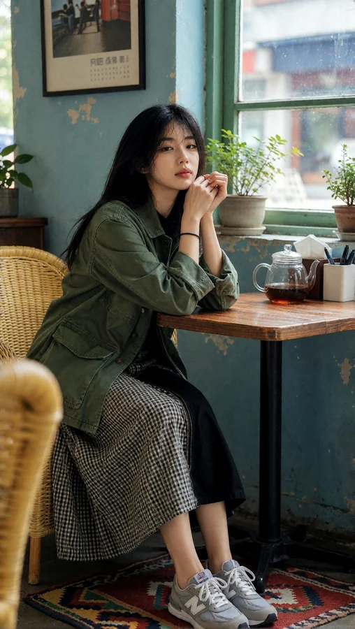 Cozy Café Moment with Green Jacket
