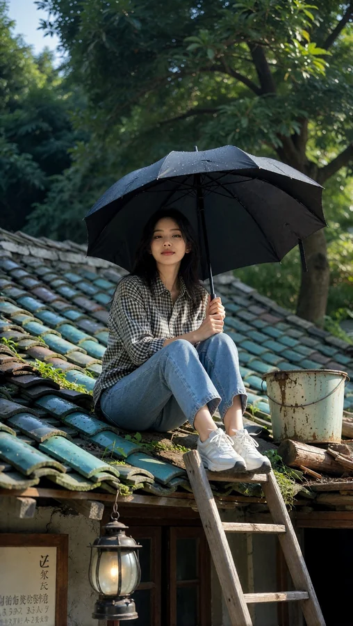 Girl with Umbrella on Weathered Roof
