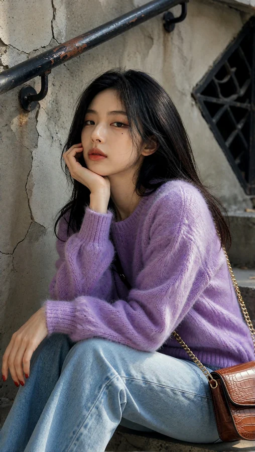 Purple Sweater Girl on Weathered Steps
