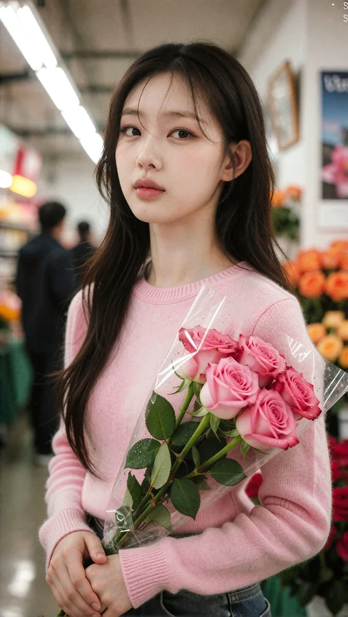 Pink Roses Held Softly in Floral Market