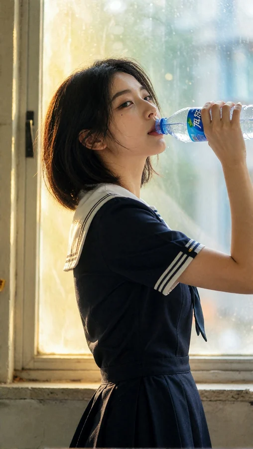 Girl Drinks Water by Window Light