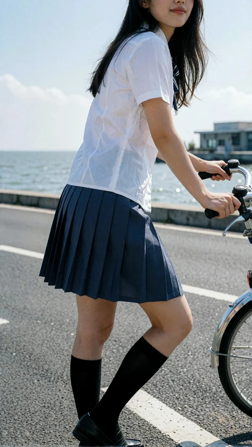 Girl Cycling by Sea with School Uniform