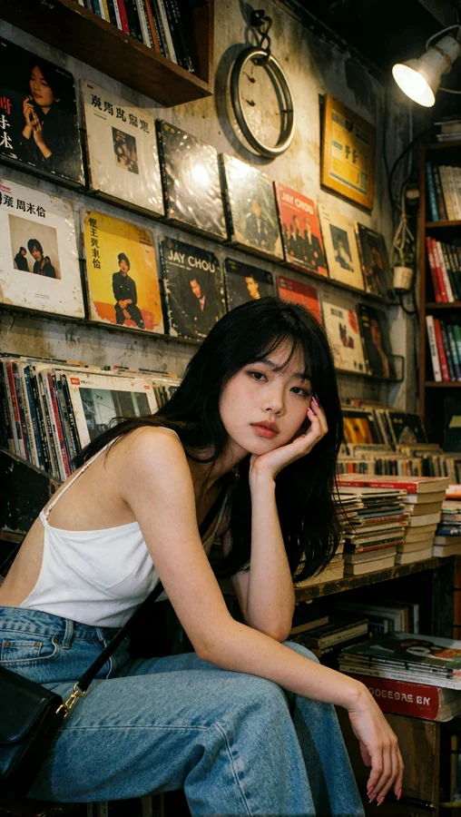 Young Woman in Record Store Lounge