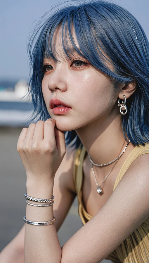 Blue Hair Girl by the Sea
