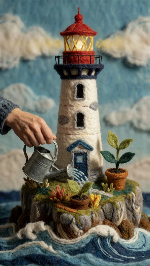 Lighthouse Garden Watering Scene
