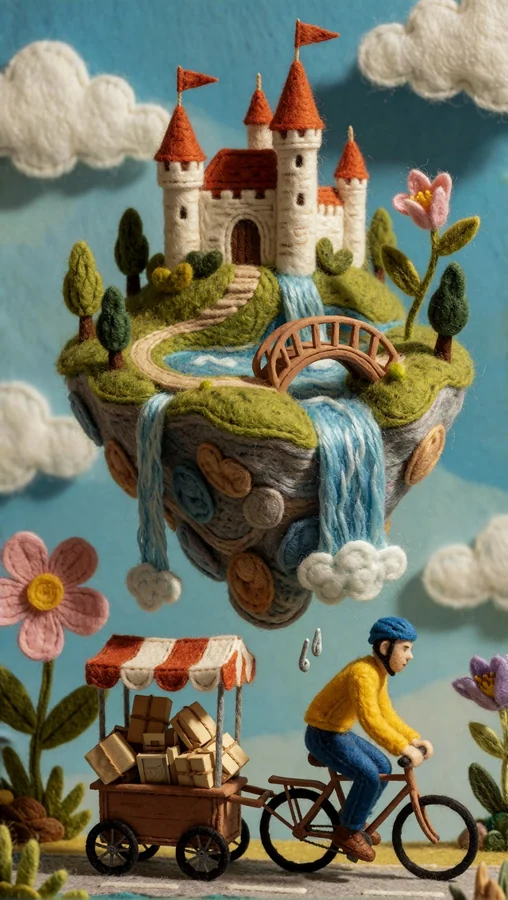 Bicycle Rider Delivers Packages Under Floating Castle Sky