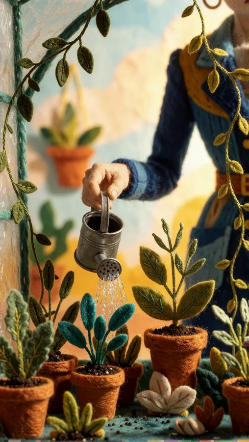 Gardener Tending Felt Plants with Care