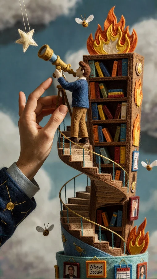 Felt Astronomer Ascends Bookshelf Staircase
