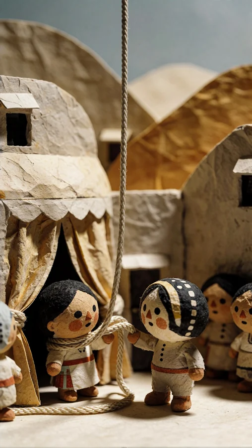 Paper Dolls Pull Rope Through Tent Entrance