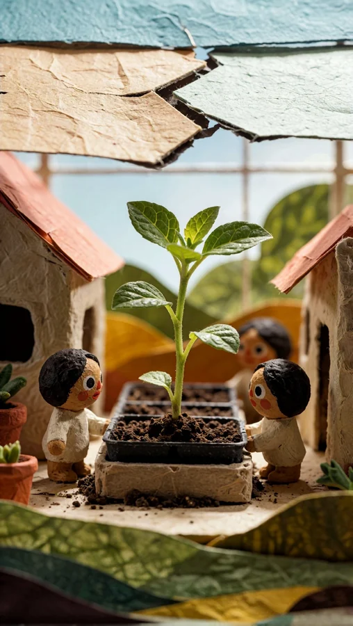 Tiny Gardeners Tending Seedling Together