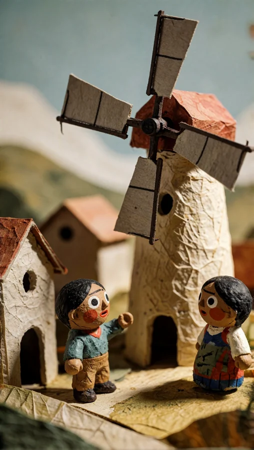 Paper Windmill Village Scene
