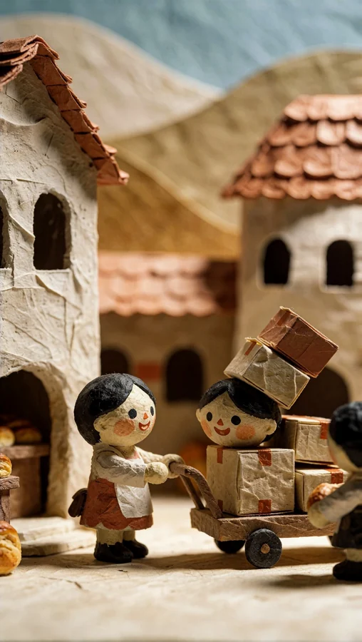 Paper Dolls Delivering Packages Through Village Streets