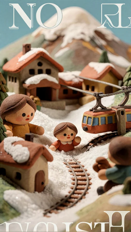 Snowy Village with Miniature Train Scene