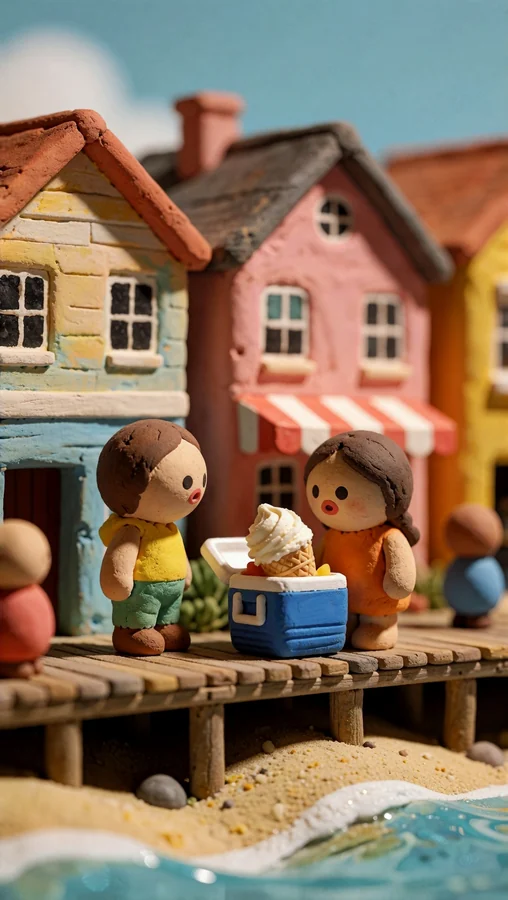 Clay Kids Share Ice Cream by Seafront