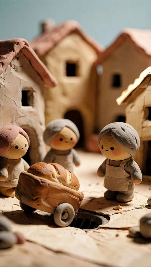 Clay Village Bakers with Bread Cart