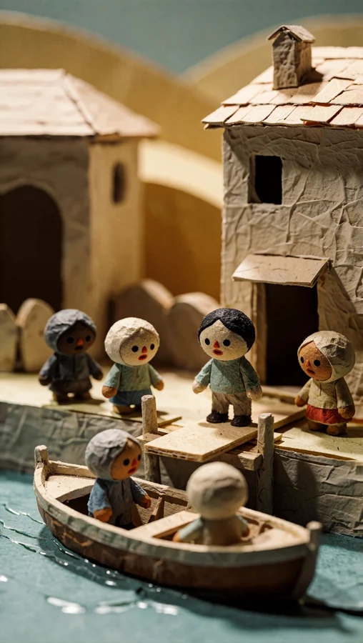 Paper Figures on Wooden Boat Near Stone Houses