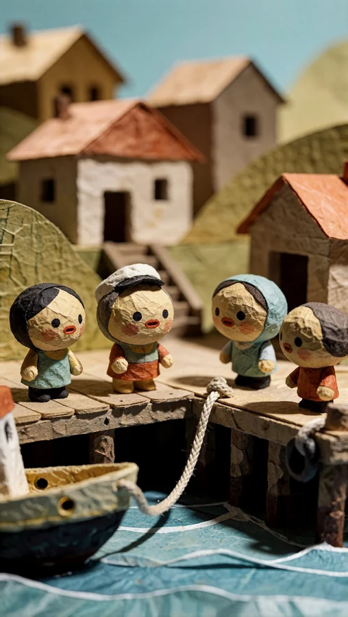 Paper Figures by a Wooden Dock