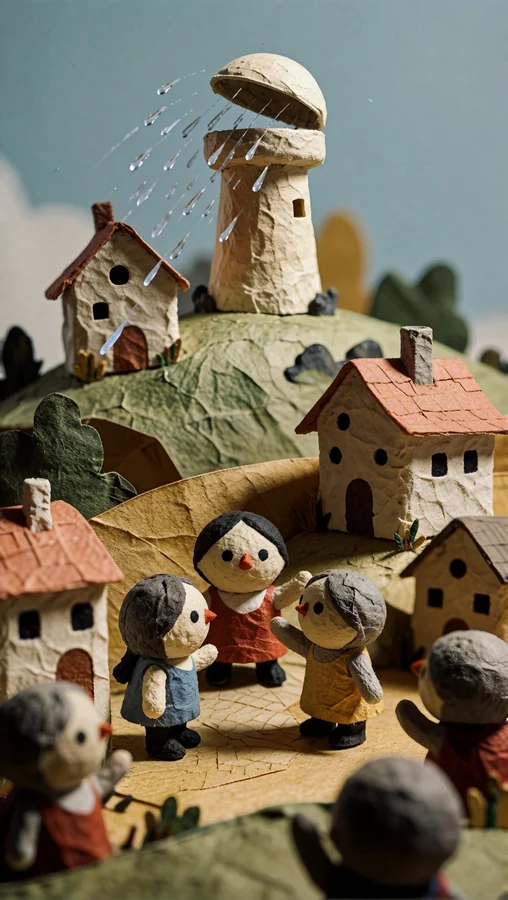 Paper Village Under Rainy Sky