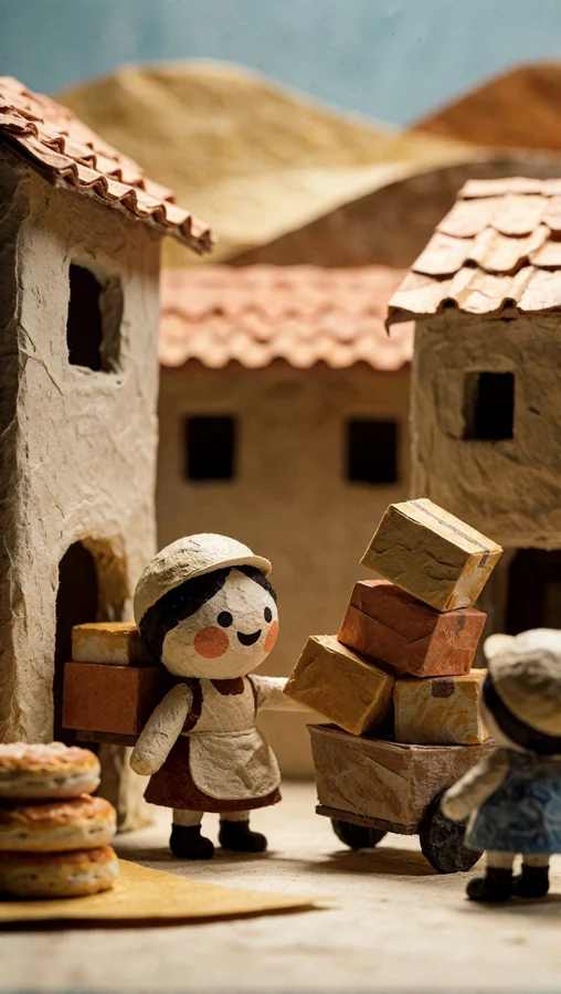 Paper Dolls Delivering Goods Through Village Streets