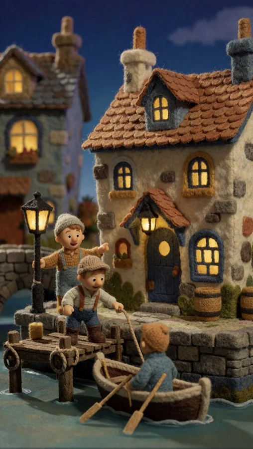 Felt Village Night Scene with Children Boating