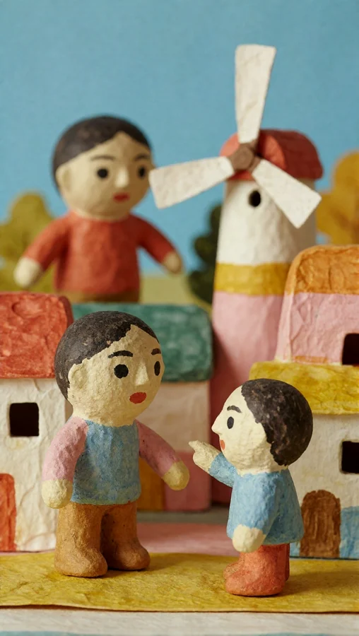 Paper Figures Talk Near Windmill