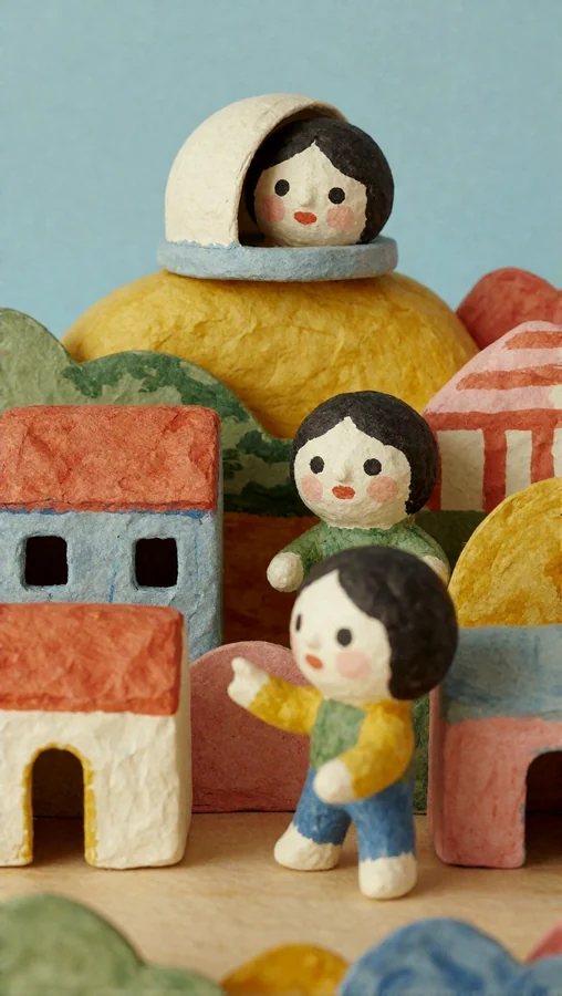 Paper Figurines in Colorful Village Scene