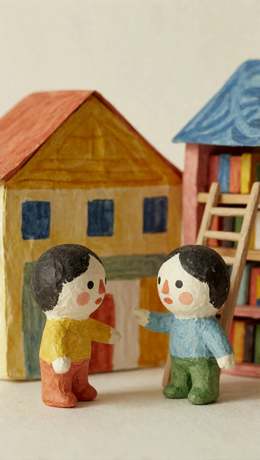 Two Paper Craft Figures Chatting Near Houses