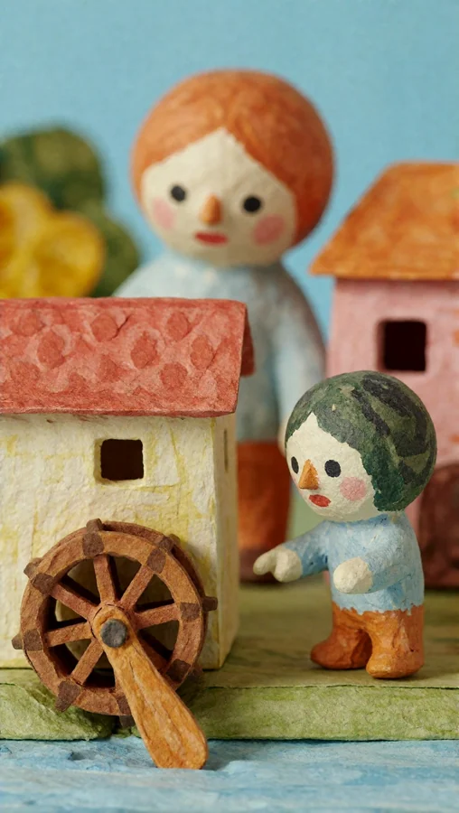 Paper Figurines by a Water Wheel