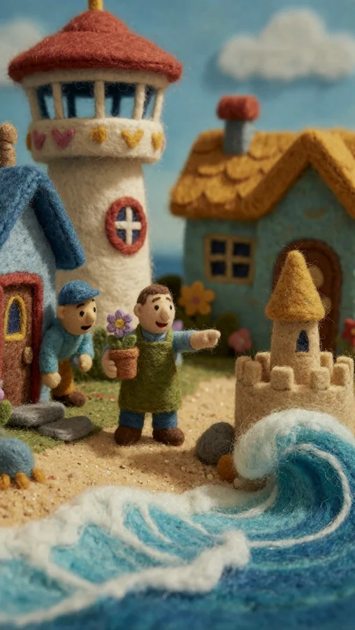 Cozy Coastal Village Scene with Lighthouse and Sandcastle