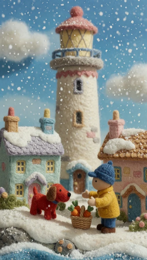 Winter Village Lighthouse Scene with Child and Dog