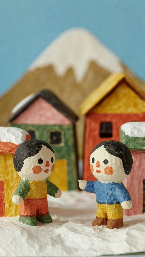 Paper Dolls in Colorful Snowy Village