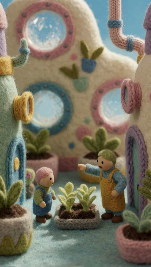 Knitted Gardeners Tending Plants Together