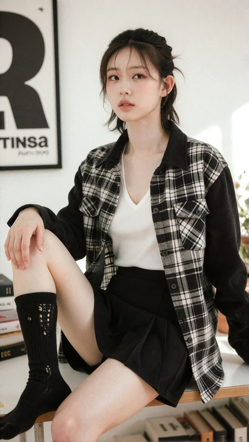 Plaid Shirt With Black Skirt And Socks
