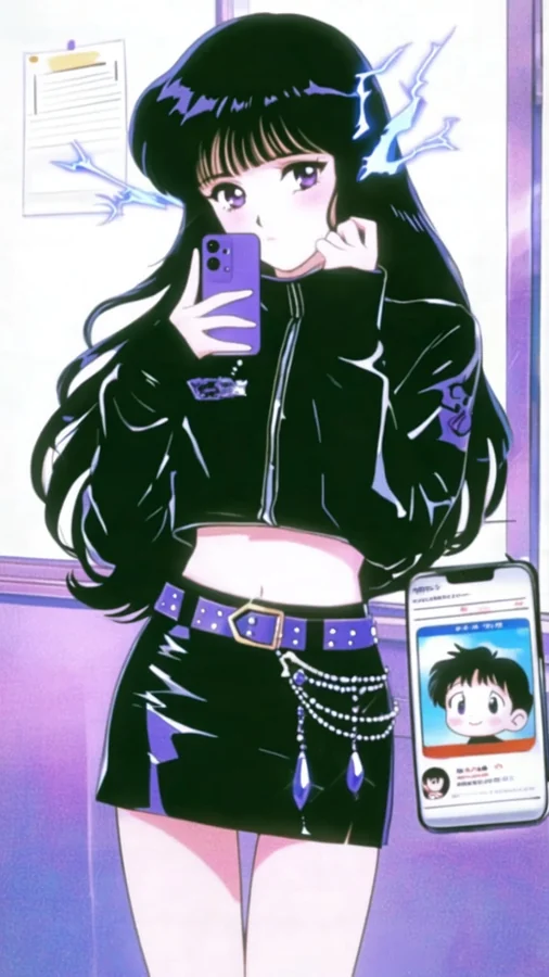 Purple-Haired Girl Takes Selfie with Phone