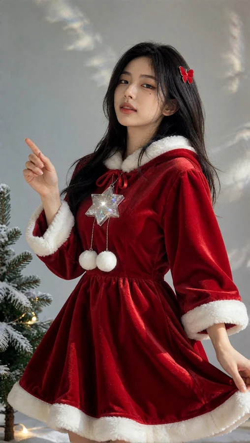 Red Velvet Christmas Dress with Star Pendant