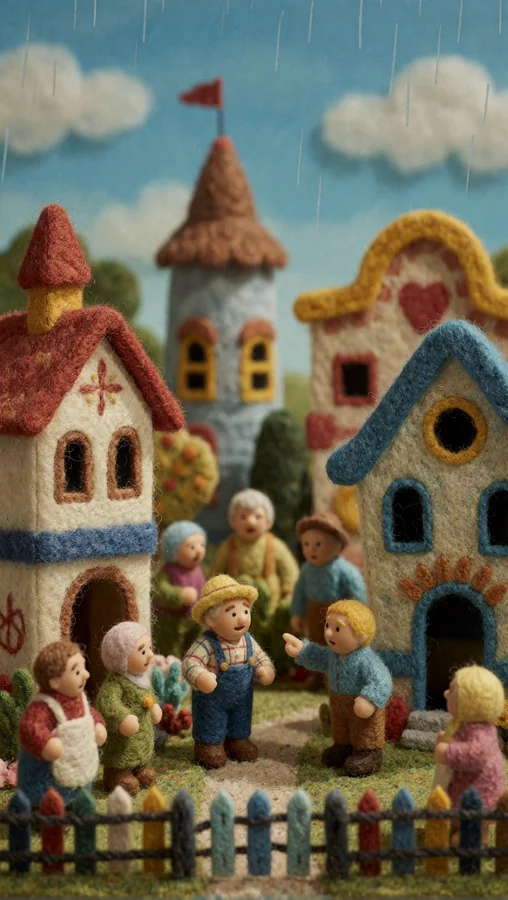 Rainy Village Gathering with Woolen Figures