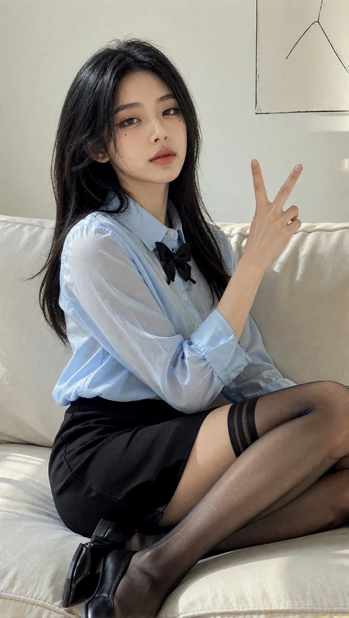 Young Woman in Blue Shirt and Black Stockings Sitting