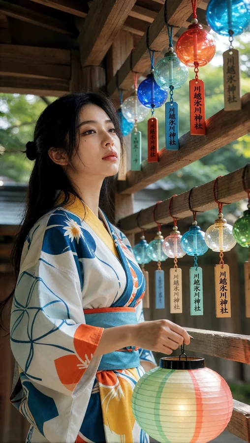 Young Woman in Kimono Under Lanterns
