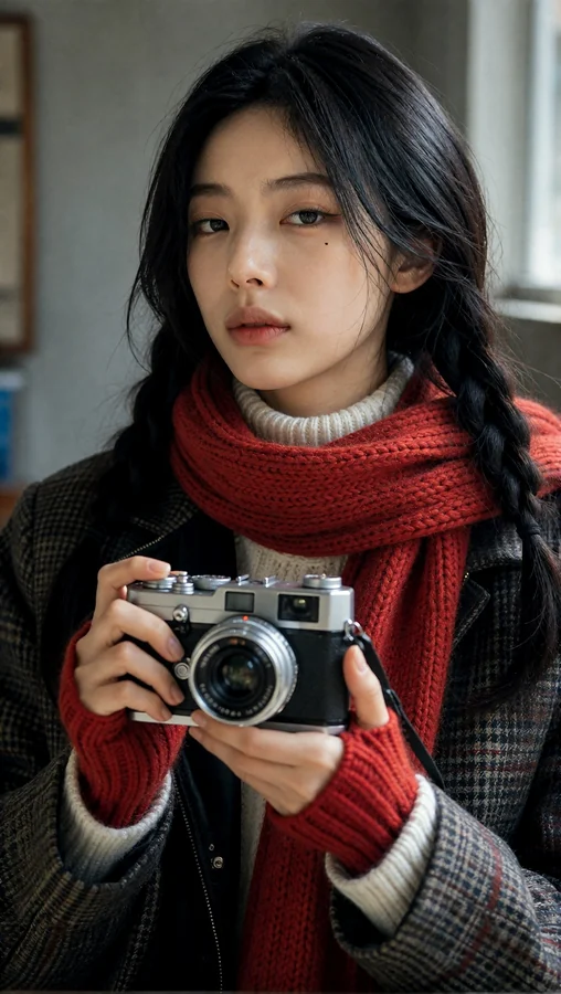 Young Woman with Camera and Scarf
