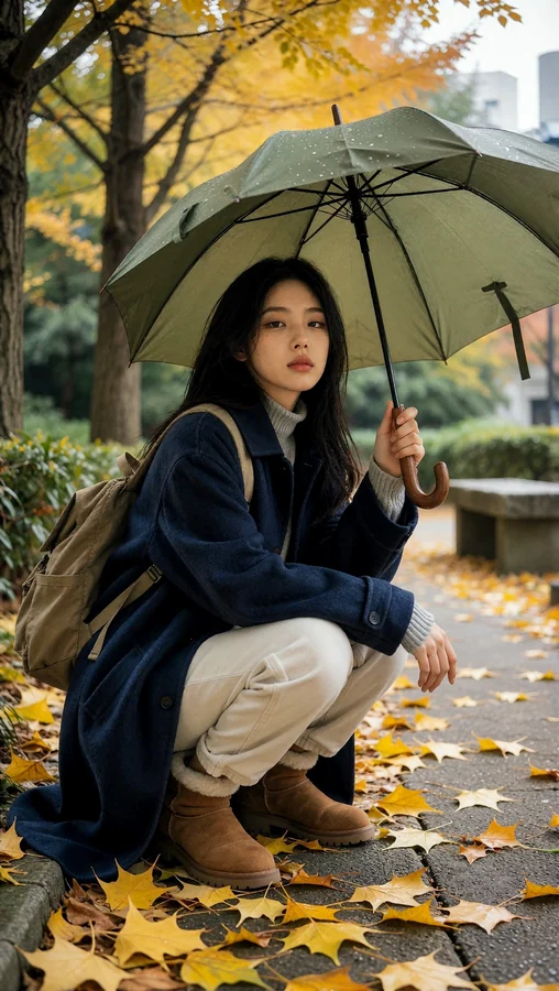 Autumn Raincoat and Umbrella Scene