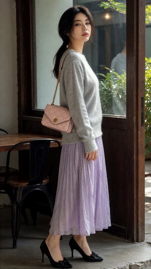 Soft Lavender Skirt with Gray Sweater
