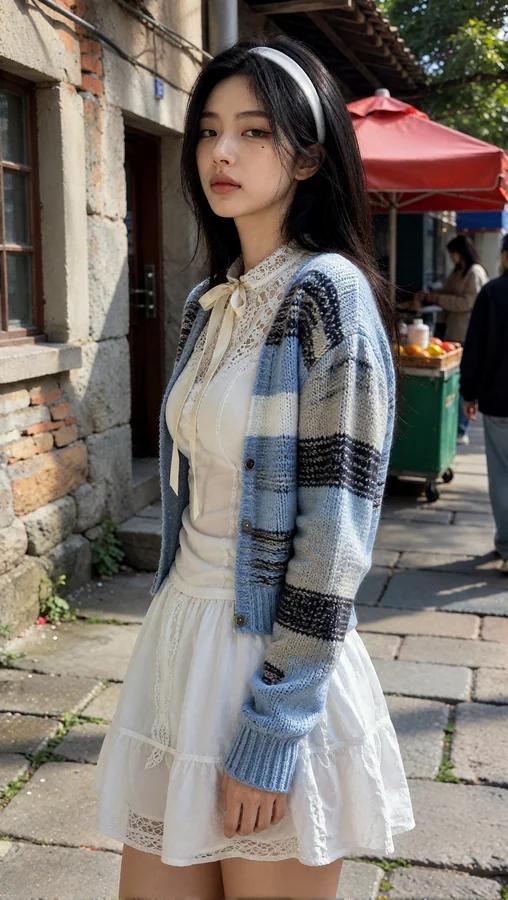 Cozy Knit Cardigan on Cobblestone Street