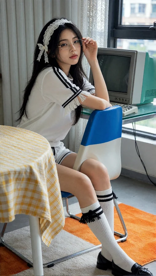 Nostalgic Girl with Vintage Computer