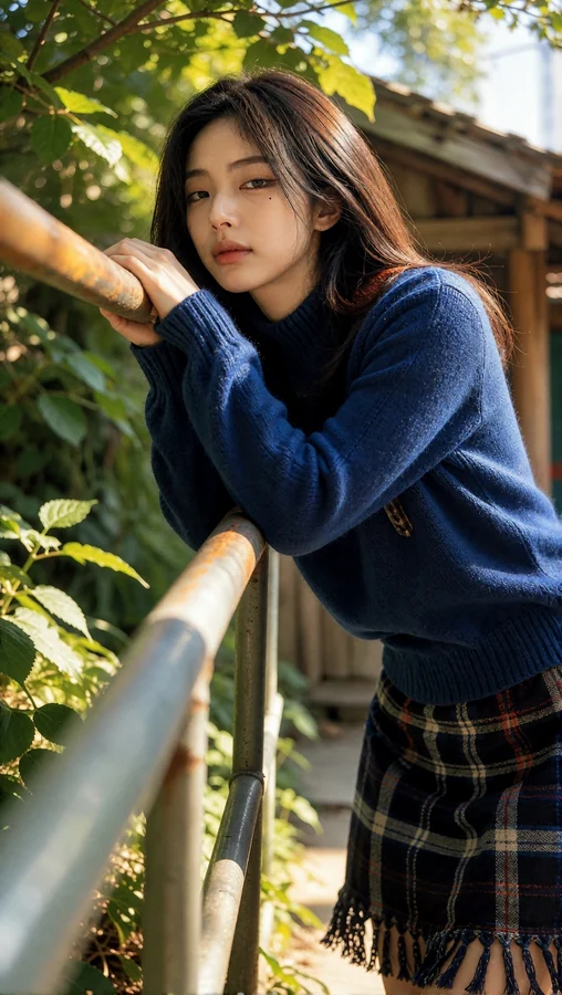Blue Sweater Girl Leaning on Rail