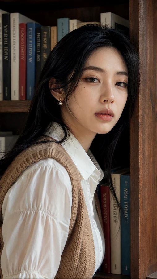 Young Woman by Bookshelf Light